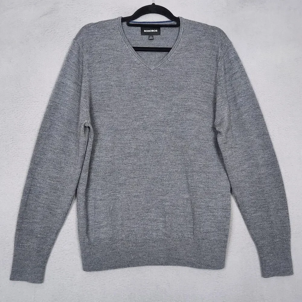 Bonobos Sweater Mens Medium Gray Merino Wool V Neck Pullover Lightweight Knit